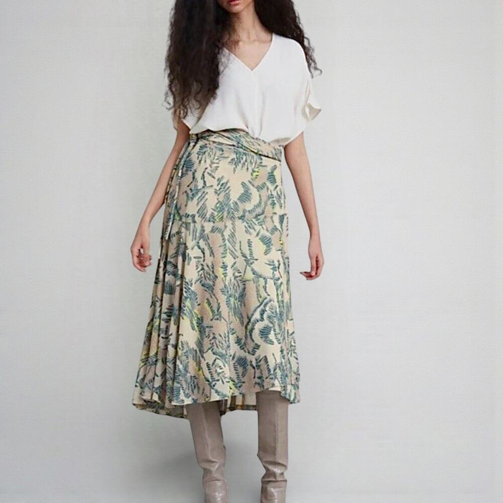 Bruuns Bazaar Wrap Skirt Medium Green Beige Floral Midi High Low Copenhagen Chic